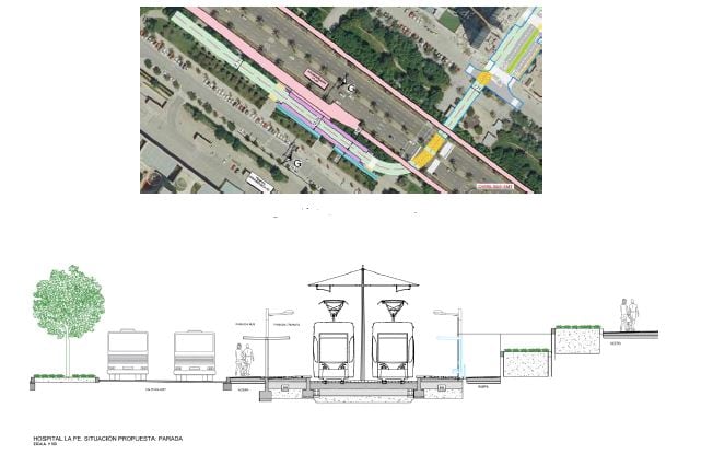 Plano y figuración del figuración del intercambiador del tranvía y la EMT en el hospital La Fe propuesto en el trazado de la futura línea 12