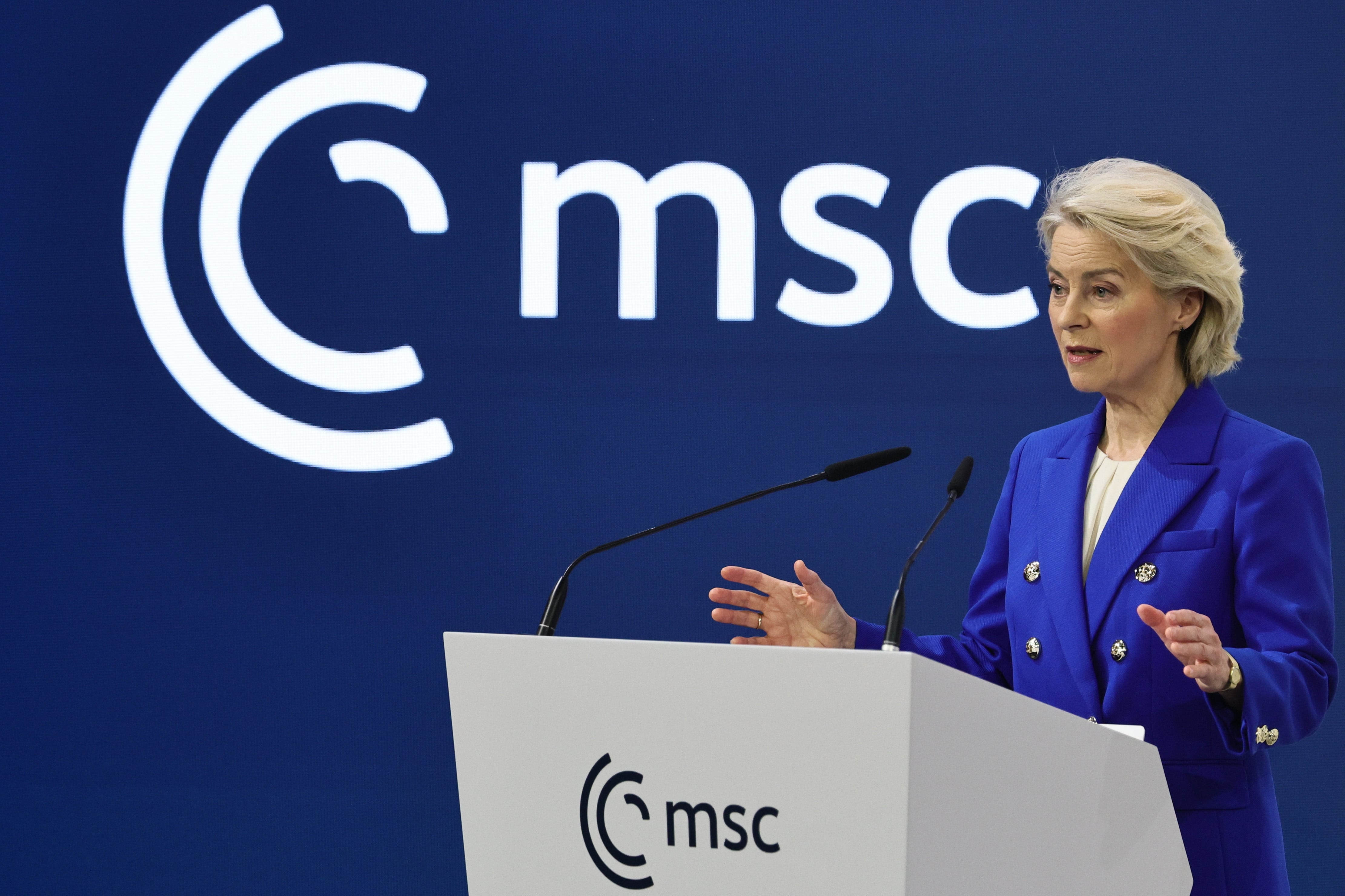 La presidenta de la Comisión Europea, Ursula von der Leyen, habla durante la 62.ª Conferencia de Seguridad de Múnich (MSC) en el hotel «Bayerischer Hof», en Múnich, Alemania, el 14 de febrero de 2026.