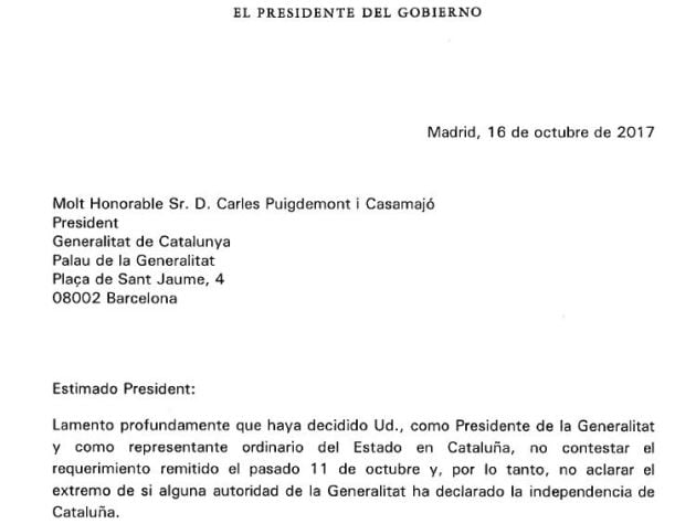 La carta de Rajoy a Puigdemont, completa.