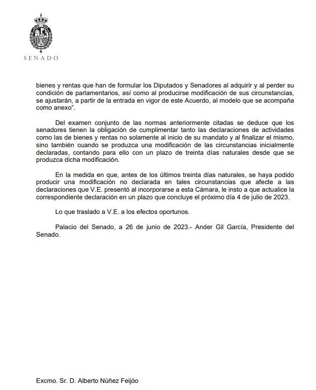 Ander Gil ha enviado una carta al líder del PP a la que ha tenido acceso la Cadena SER en la que le recuerda la obligación de todos los senadores de modifcar la declaración de bienes, patrimonio y rentas siempre que se produzca cualquier modificación de sus circunstancias