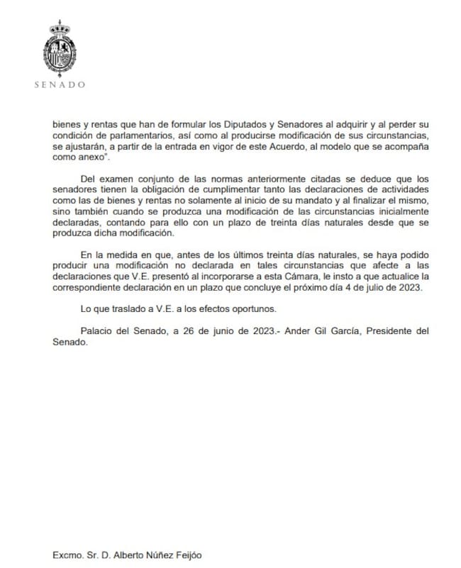 Ander Gil ha enviado una carta al líder del PP a la que ha tenido acceso la Cadena SER en la que le recuerda la obligación de todos los senadores de modifcar la declaración de bienes, patrimonio y rentas siempre que se produzca cualquier modificación de sus circunstancias