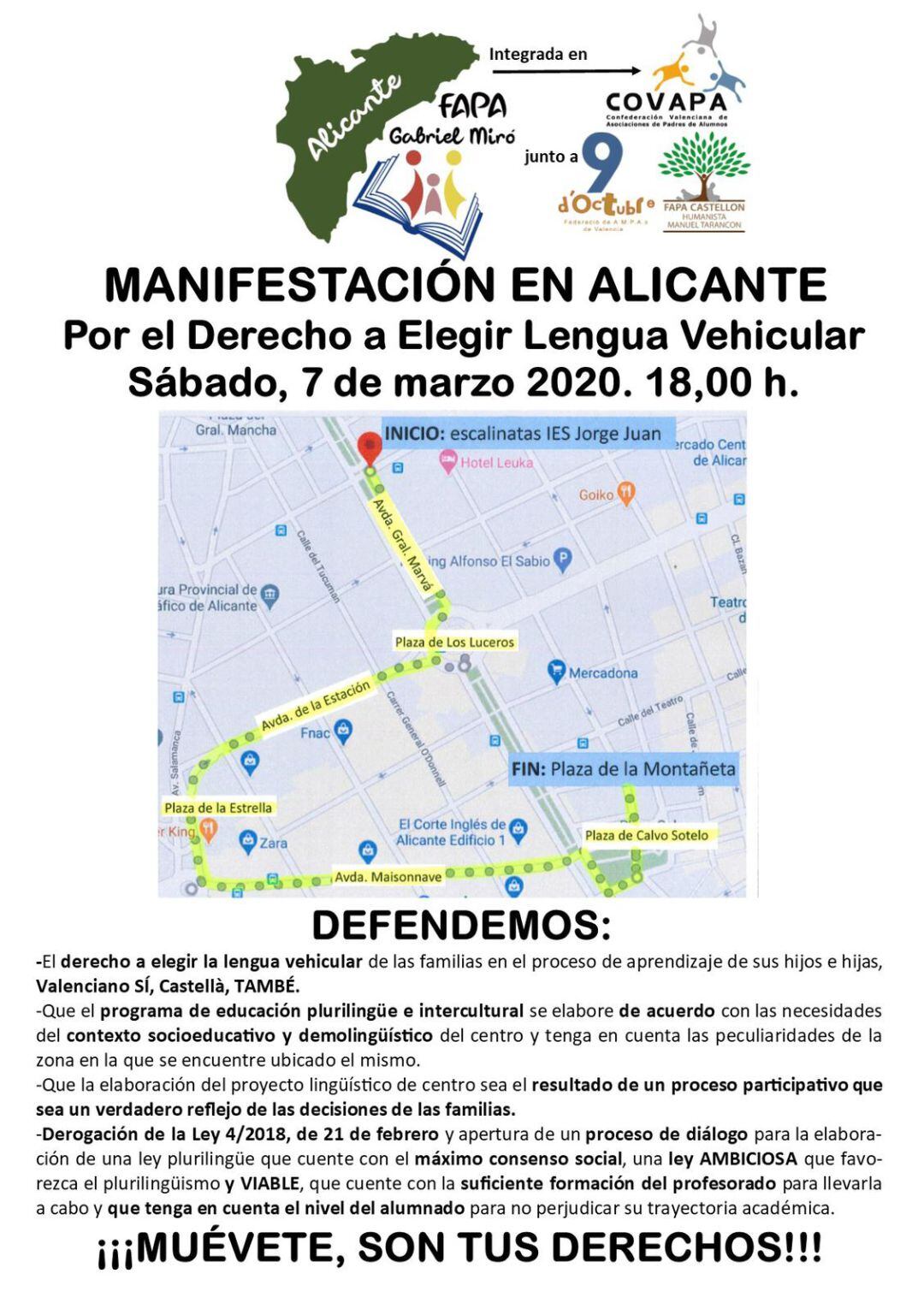 Manifestación por el derecho a elegir lengua vehicular en Alicante