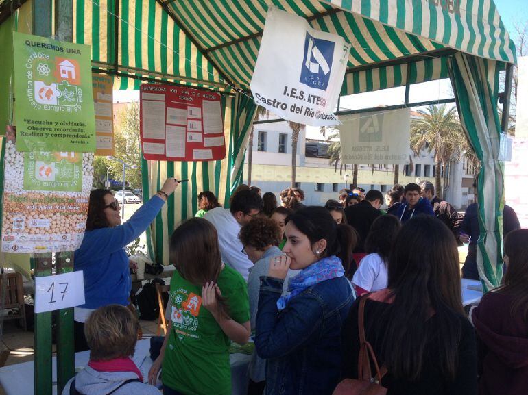 Carpa con alumnos y profesores desarrollando un experimento.
