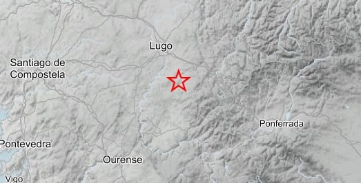 Mapa de Lugo con el epicentro del seísmo marcado en rojo