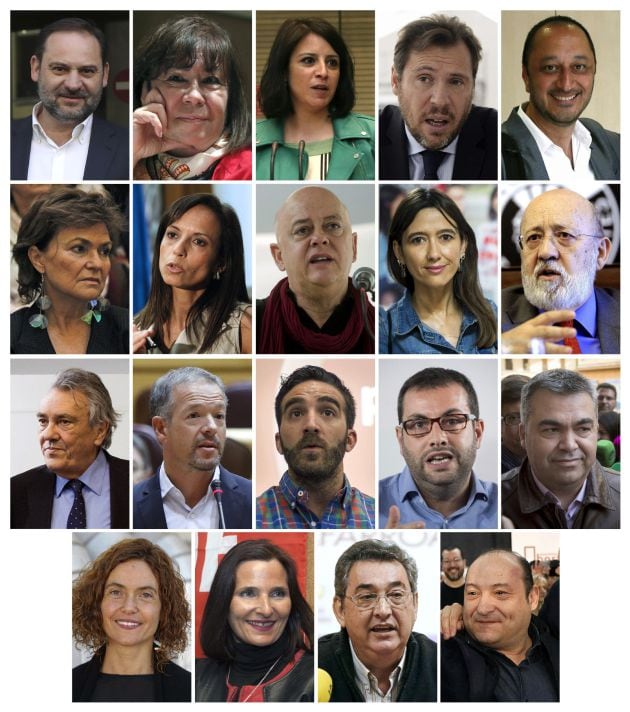 En la foto de izquierda a derecha y de arriba a abajo: José Luis Ábalos, Cristina Narbona, Adriana Lastra, Óscar Puente, Alfonso Gómez de Celis,, Carmen Calvo, Beatriz Corredor,Odón Elorza, Nuria Parlón, José Félix Tezanos y Manuel Escudero,Ander Gil,Fran