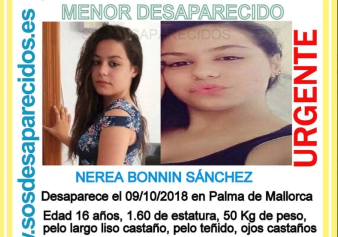 Imagen de la menor de 16 años Nerea Bonnin Sánchez, desaparecida en Palma de Mallorca el pasado 9 de octubre