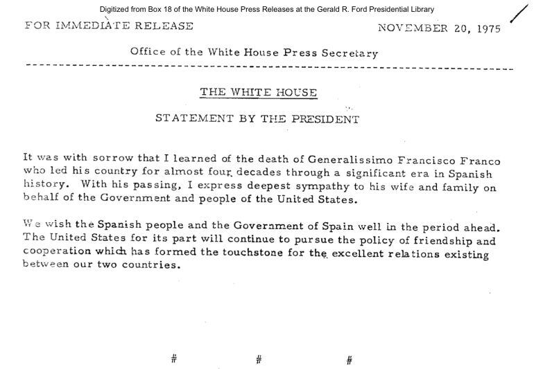 Condolecias por la muerte de Franco.