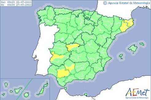 Alerta por altas temperaturas en Sevilla, Córdoba, Toledo y Badajoz; por lluvias en Barcelona y Girona