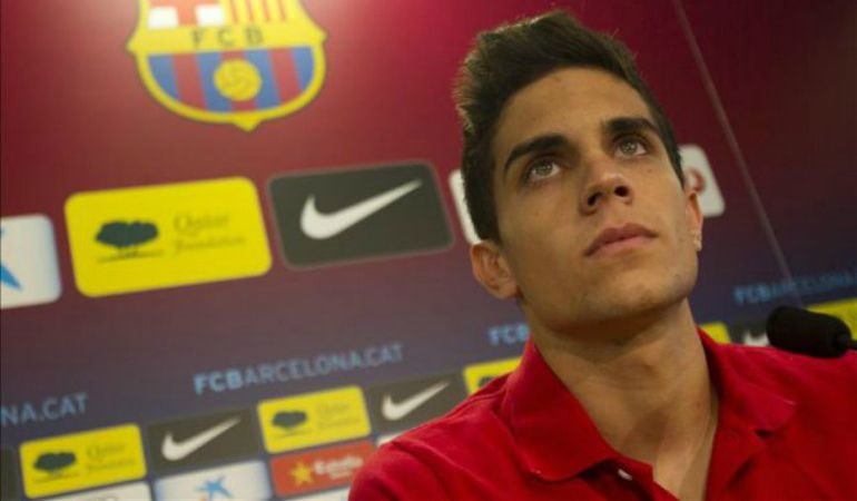 El jugador del FC Barcelona, Marc Bartra, durante una rueda de prensa.