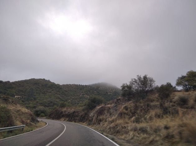 Entre la niebla, arriba a la derecha, la finca de olivar de sierra en el término municipal de Córdoba.