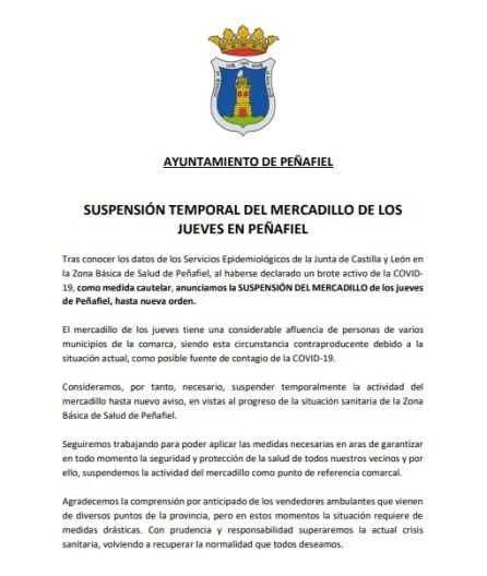 El documento emitido por el Ayutamiento de Peñafiel.
