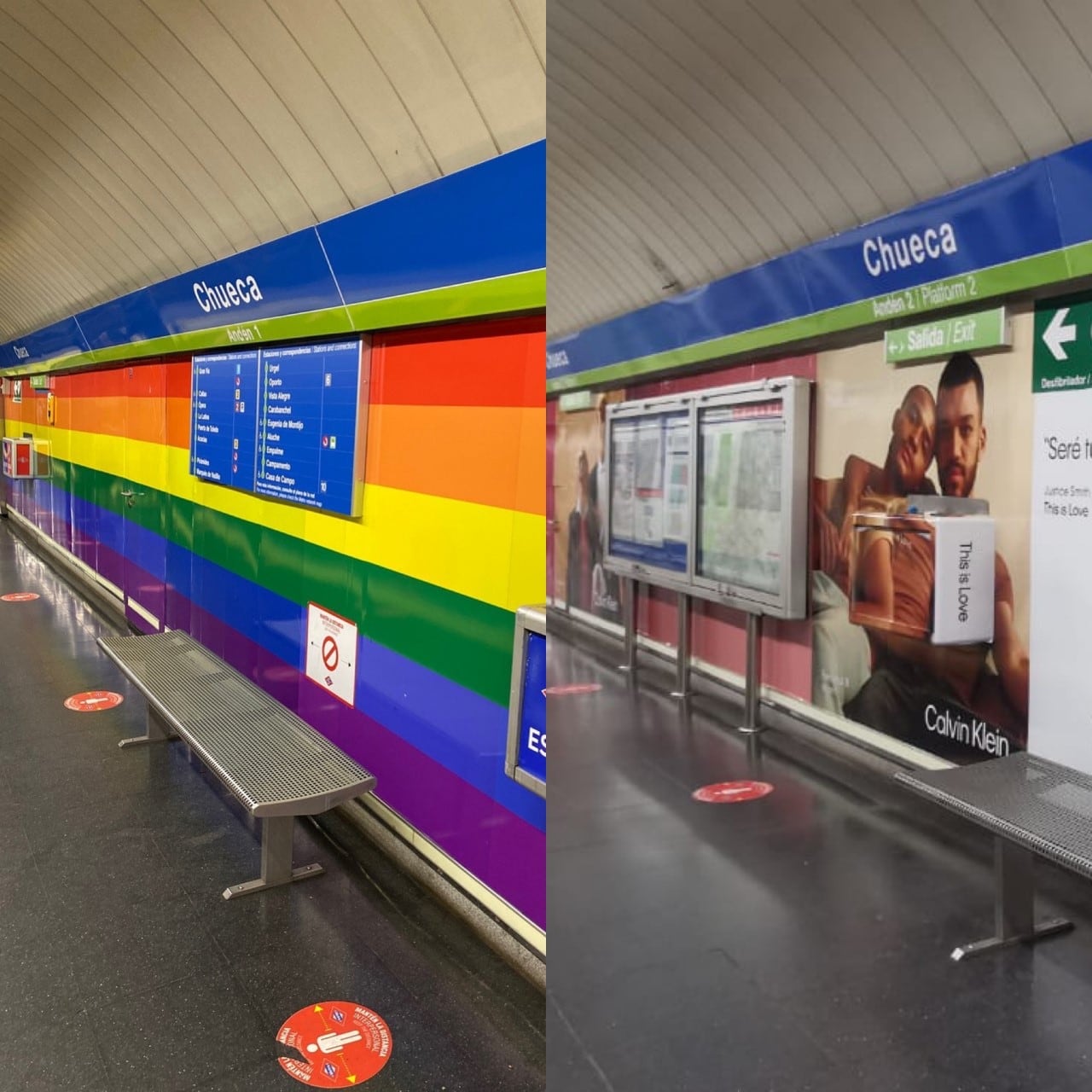 Aspecto de los andenes de Chueca antes (izq.) y ahora (der.), tras la instalación de la campaña publicitaria