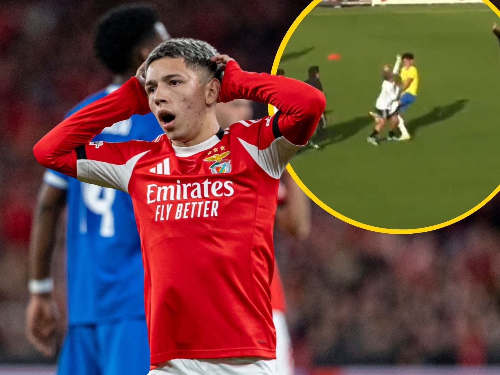 Gianluca Prestianni durante su partido ante el Real Madrid, junto a un fotograma de su pelea contra un jugador brasileño