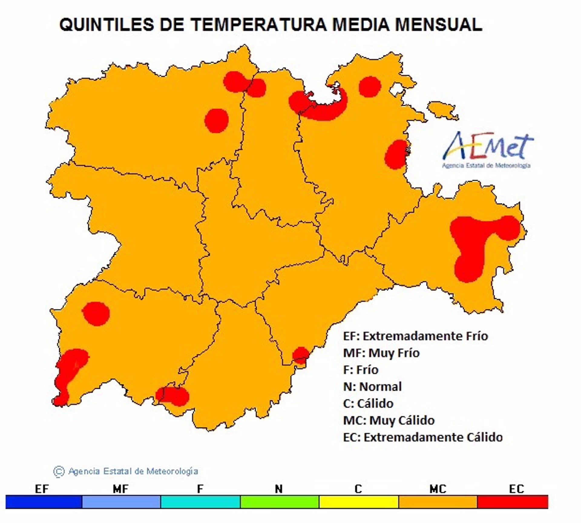 Mapa elaborado por la Aemet sobre las temperaturas registradas en CyL en el mes de diciembre de 2022, el segundo más cálido desde 1951 - @AEMET_CYL