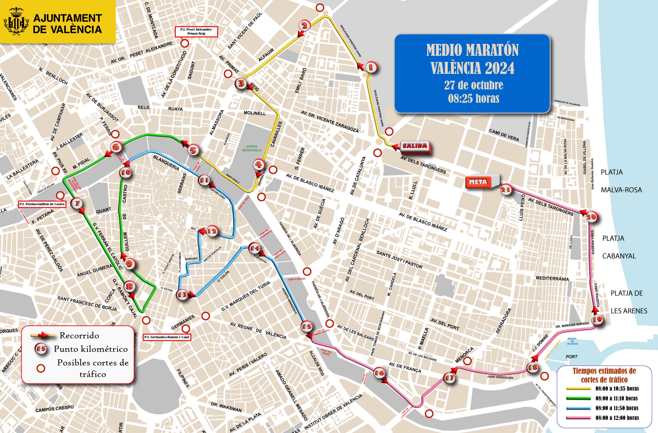 Recorrido y cortes de tráfico por la Media Maratón de València 2024.