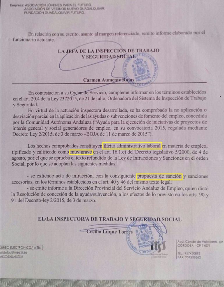 Informe de la Inspección de Trabajo sobre denuncia de los trabajadores de la Fundación Guadalquivir Futuro por cobros indebidos de sus sueldos del Plan Emplea