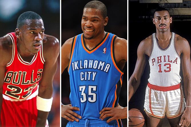 De izquierda a derecha, Michael Jordan, Kevin Durant y Wilt Chamberlain