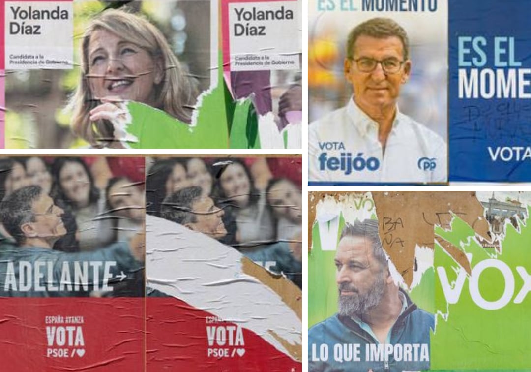 Carteles electorales de Sumar, PP, PSOE y Vox.