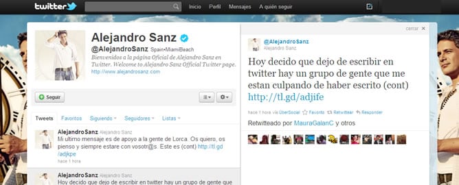 Captura del Twitter oficial de Alejandro Sanz