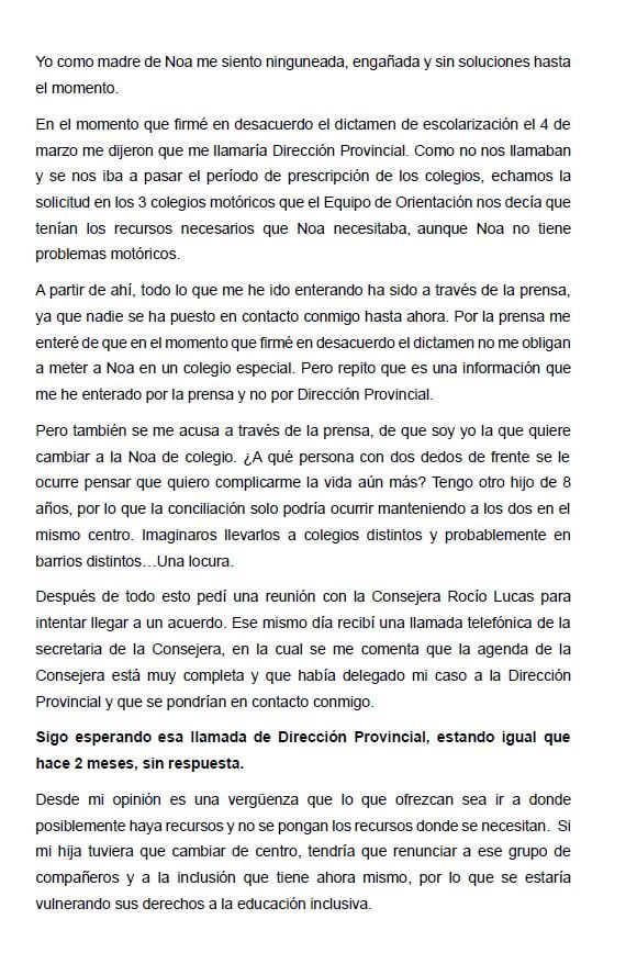 Comunicado Laura Jódar sobre la educación inclusiva en Castilla y León  y el trato recibido por parte de la Junta