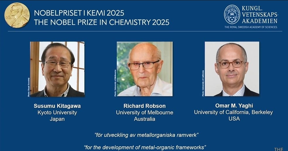 Susumu Kitagawa, Richard Robson y Omar M. Yaghi, premio Nobel de Química 2025 por el desarrollo de estructuras metalorgánicas