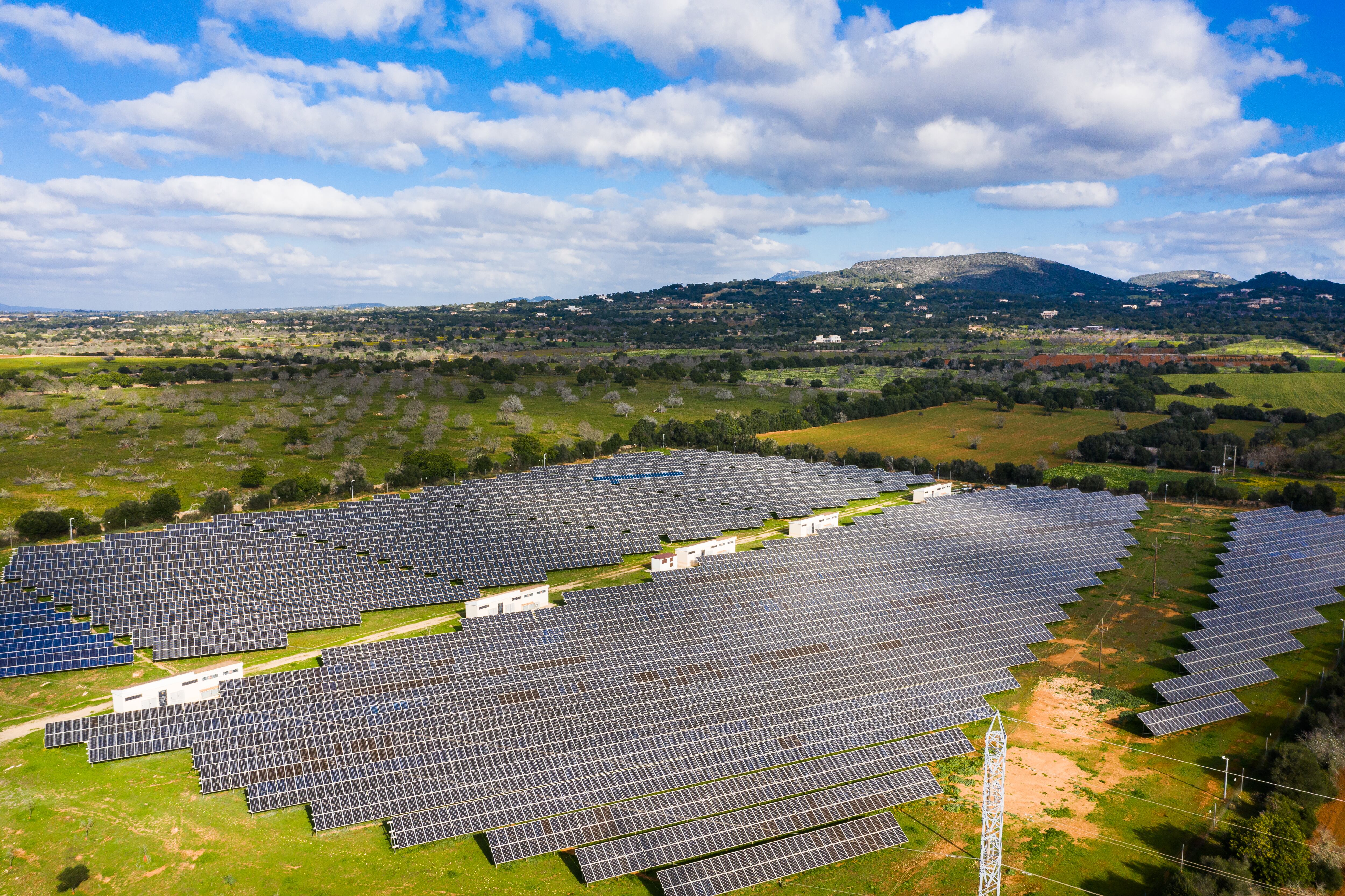 Solar station on a field, view from drone