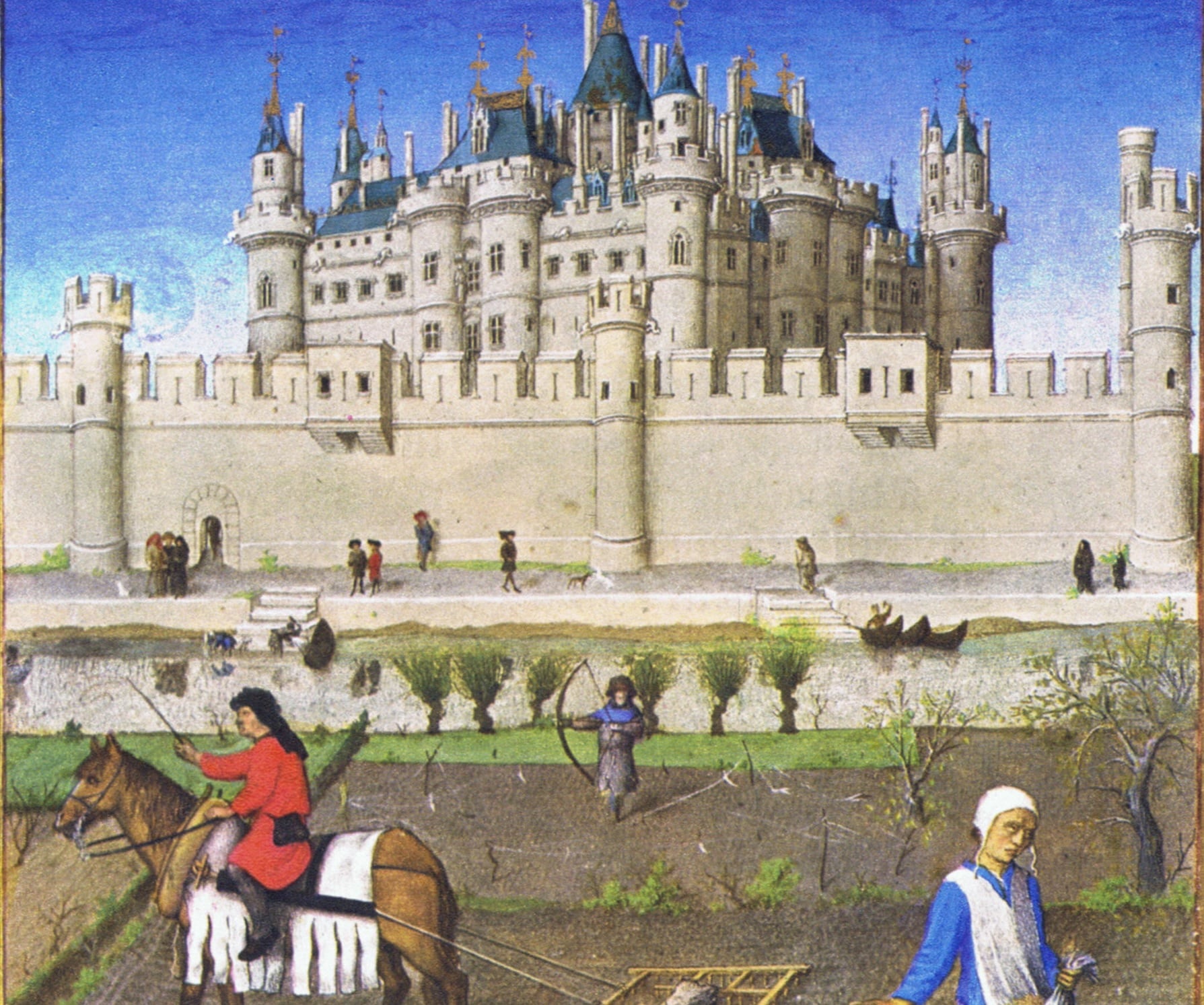 Campesinos, al pie del palacio real del Louvre, en París, en la representación del mes de octubre en &#039;Las muy ricas horas del Duque de Berry&#039; (1413) de los hermanos Herman, Pablo y Juan Limbourg.