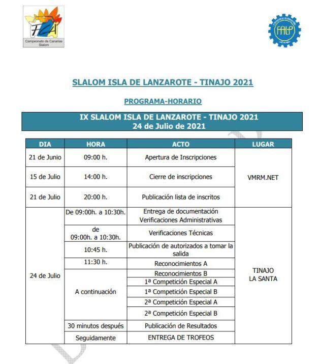 Programa horario de la prueba.