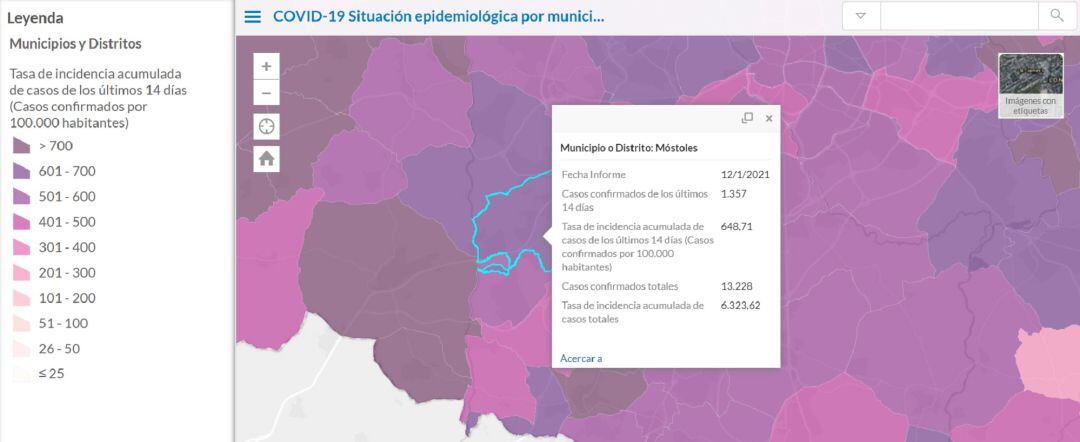 Mapa con la situación epidemiológica de Móstoles