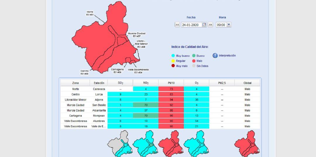 Imagen de la página web que informa de la calidad del aire