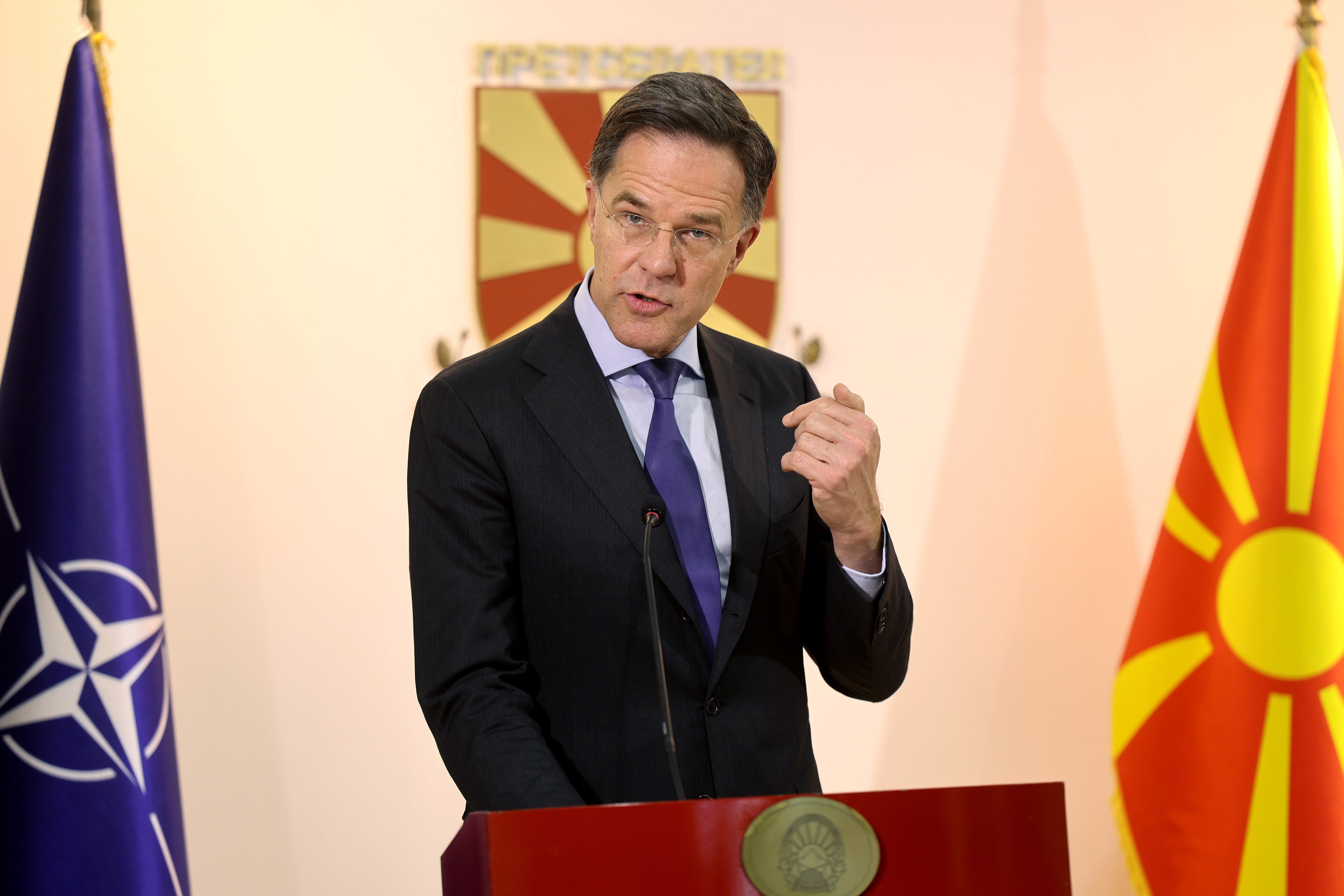 El Secretario General de la OTAN, Mark Rutte, durante una rueda de prensa en Macedonia del Norte