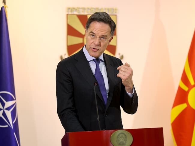 El Secretario General de la OTAN, Mark Rutte, durante una rueda de prensa en Macedonia del Norte