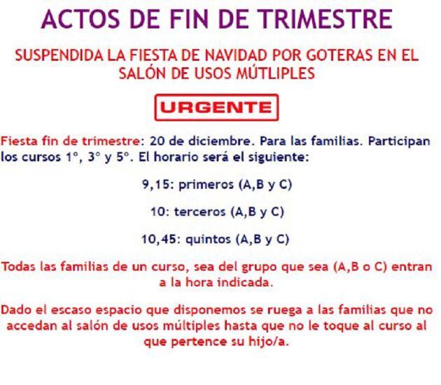 Suspensión del festival de Navidad del Colegio Almadén.