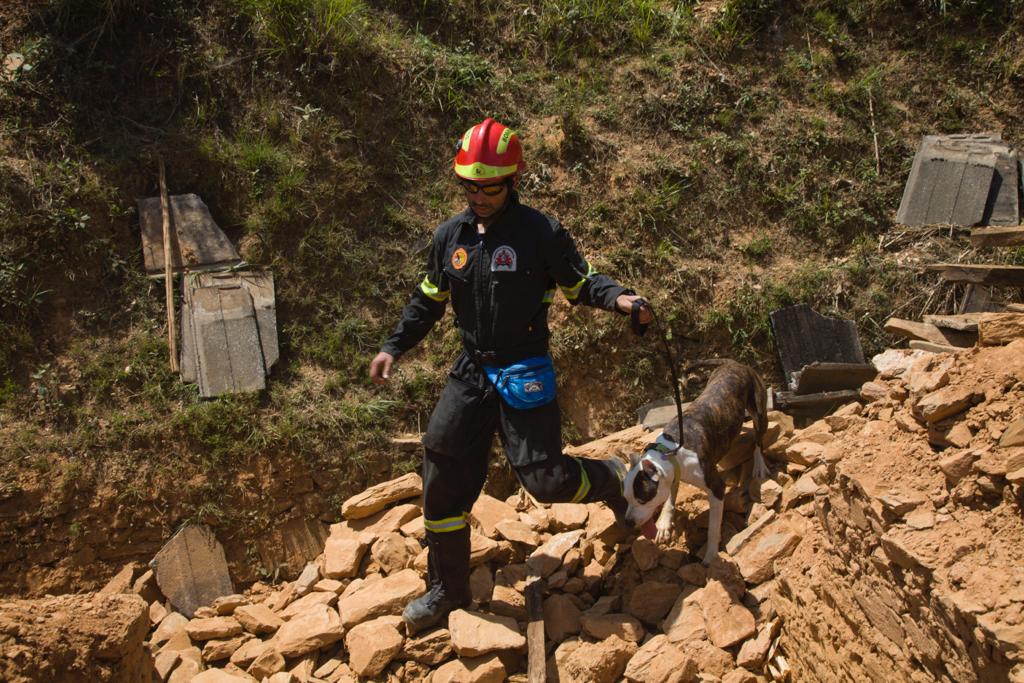 El bombero cordobés Antonio Caballero y su perro Kron colaborando en las labores de rescate de las víctimas del terremoto de Nepal en 2015