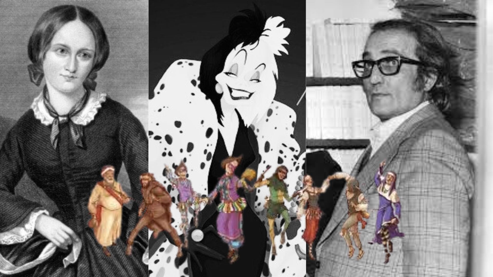 Charlotte Brontë, Cruella de Vil y Grabiel Aresti, junto a Farolín y Zarambolas