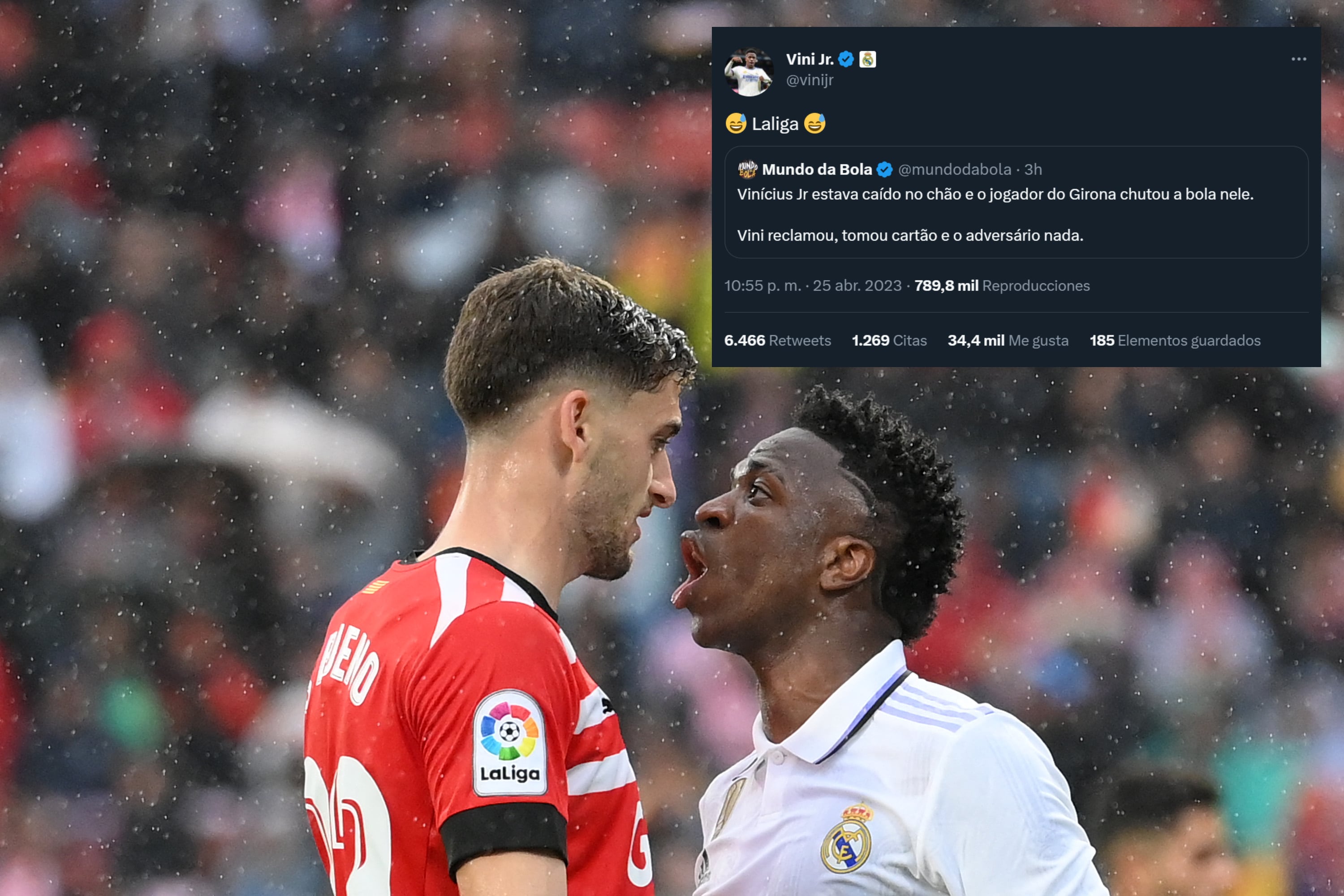 Vinícius, durante el partido, y su mensaje en Twitter.