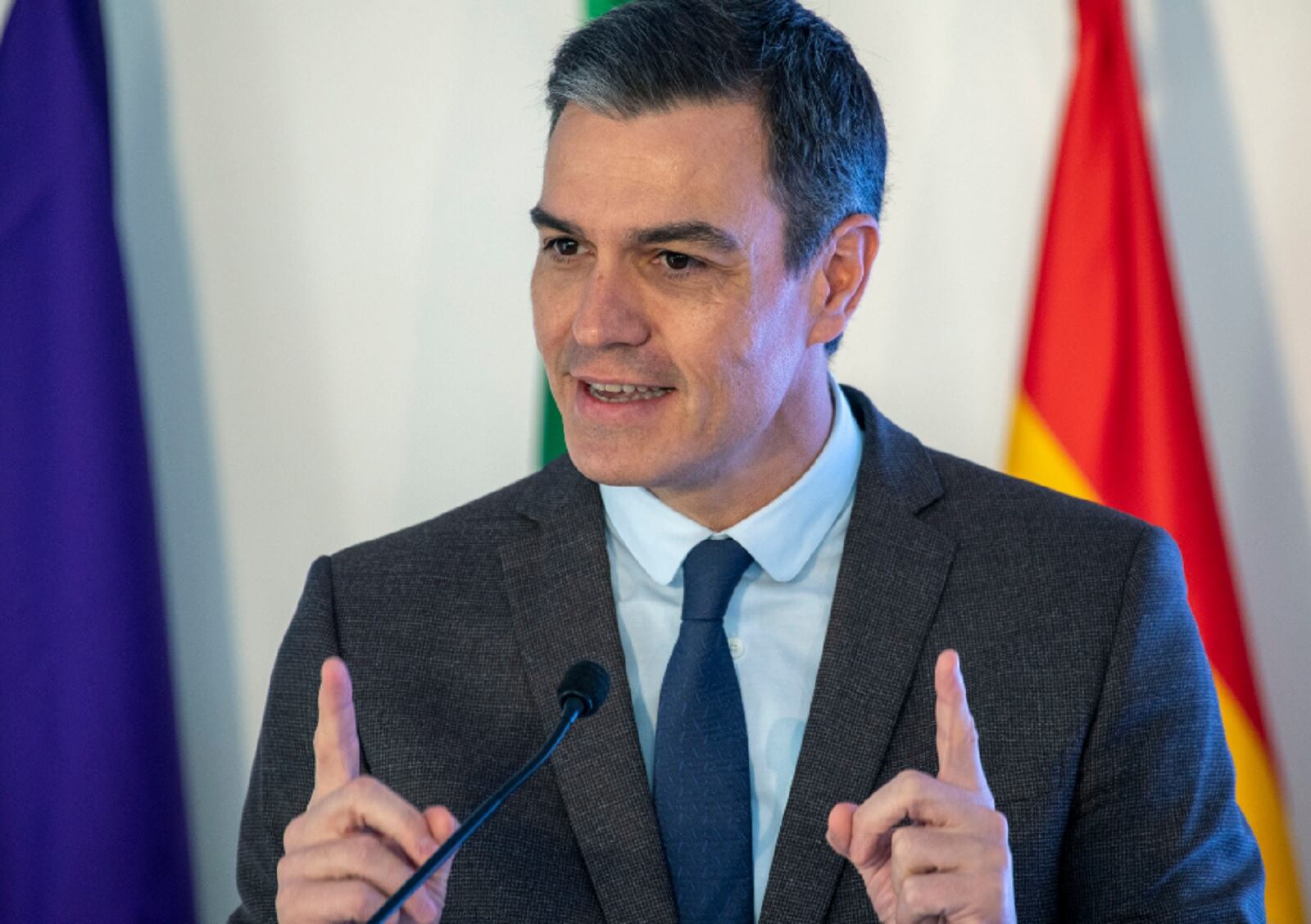 El presidente de gobierno Pedro Sánchez durante su intervención este viernes en el acto celebrado en Jaén para anunciar la inversión de CETEDEX, que se ubicará en Jaén. EFE/José Manuel Pedrosa.