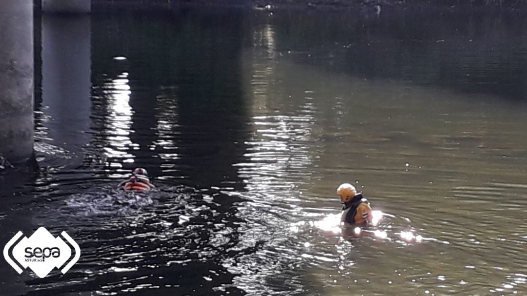 Labores de búsqueda del joven desaparecido mientras se bañaba en el río Nalón a su paso por Pravia.