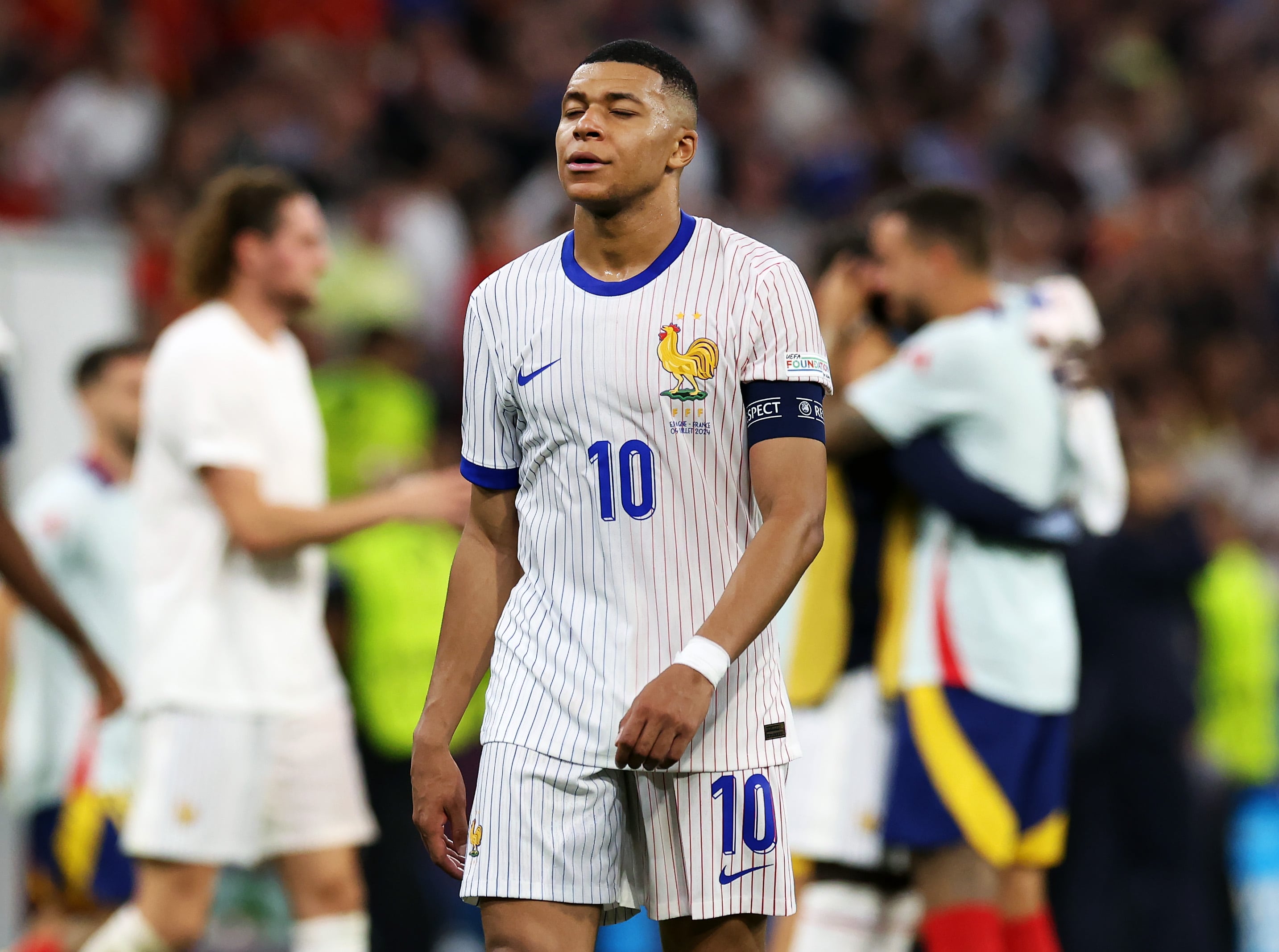 MUNICH, GERMANY - JULY 09: Kylian Mbappé of France is seen at full time during the UEFA EURO 2024 semi-final match between Spain v France at Munich Football Arena on July 09, 2024 in Munich, Germany. (Photo by Ian MacNicol/Getty Images)