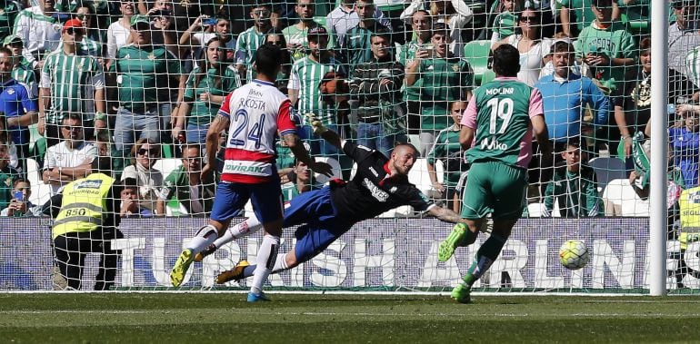 El jugador del Granada Biraghi (c), que actúa como portero tras la expulsión de Andrés, encaja el segundo gol del Betis