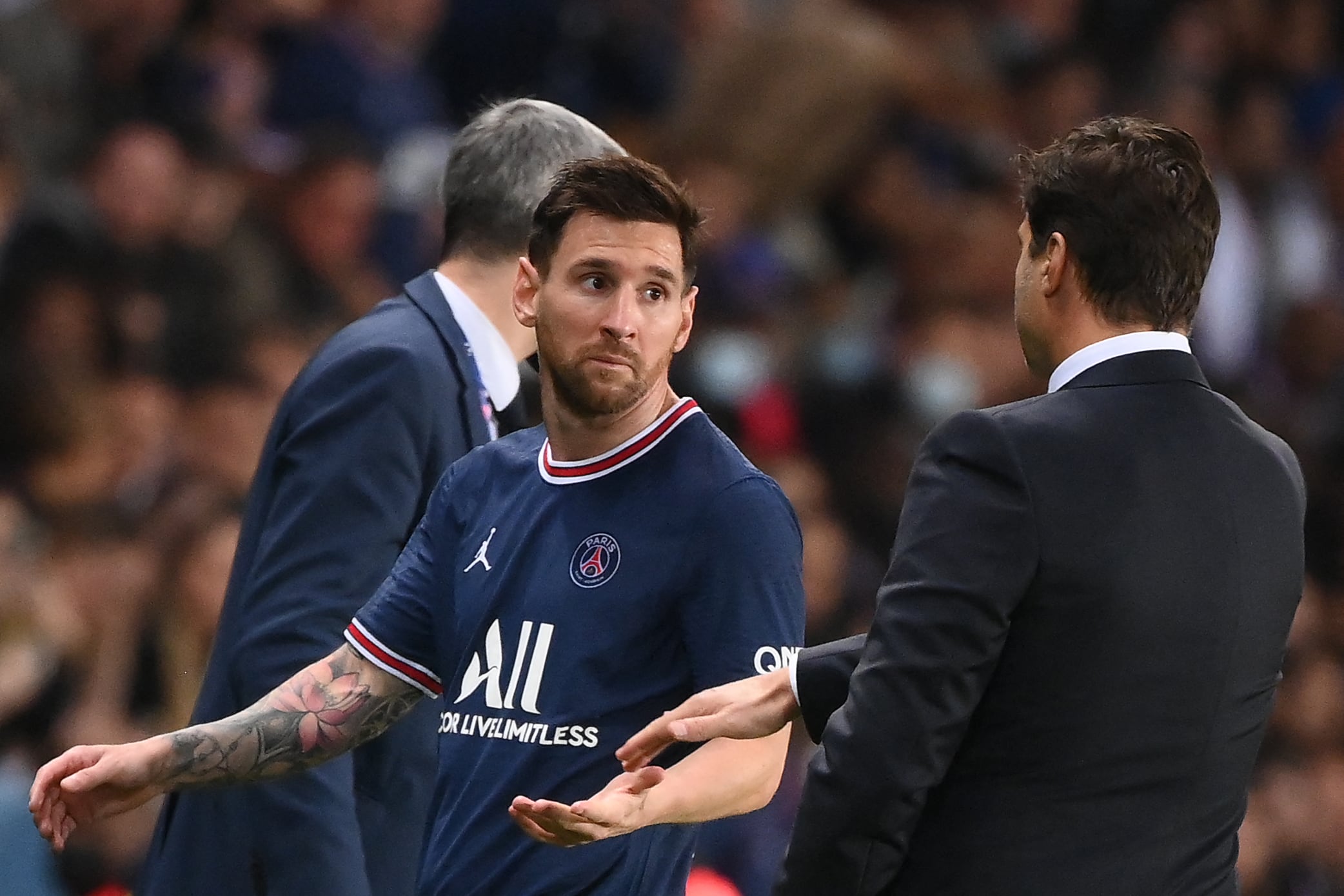 Lionel Messi y Mauricio Pochettino, en el encuentro frente al Olympique de Lyon