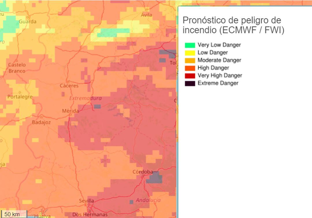 Pronóstico de Peligro de Incendio para Extremadura del 3 de junio de 2020