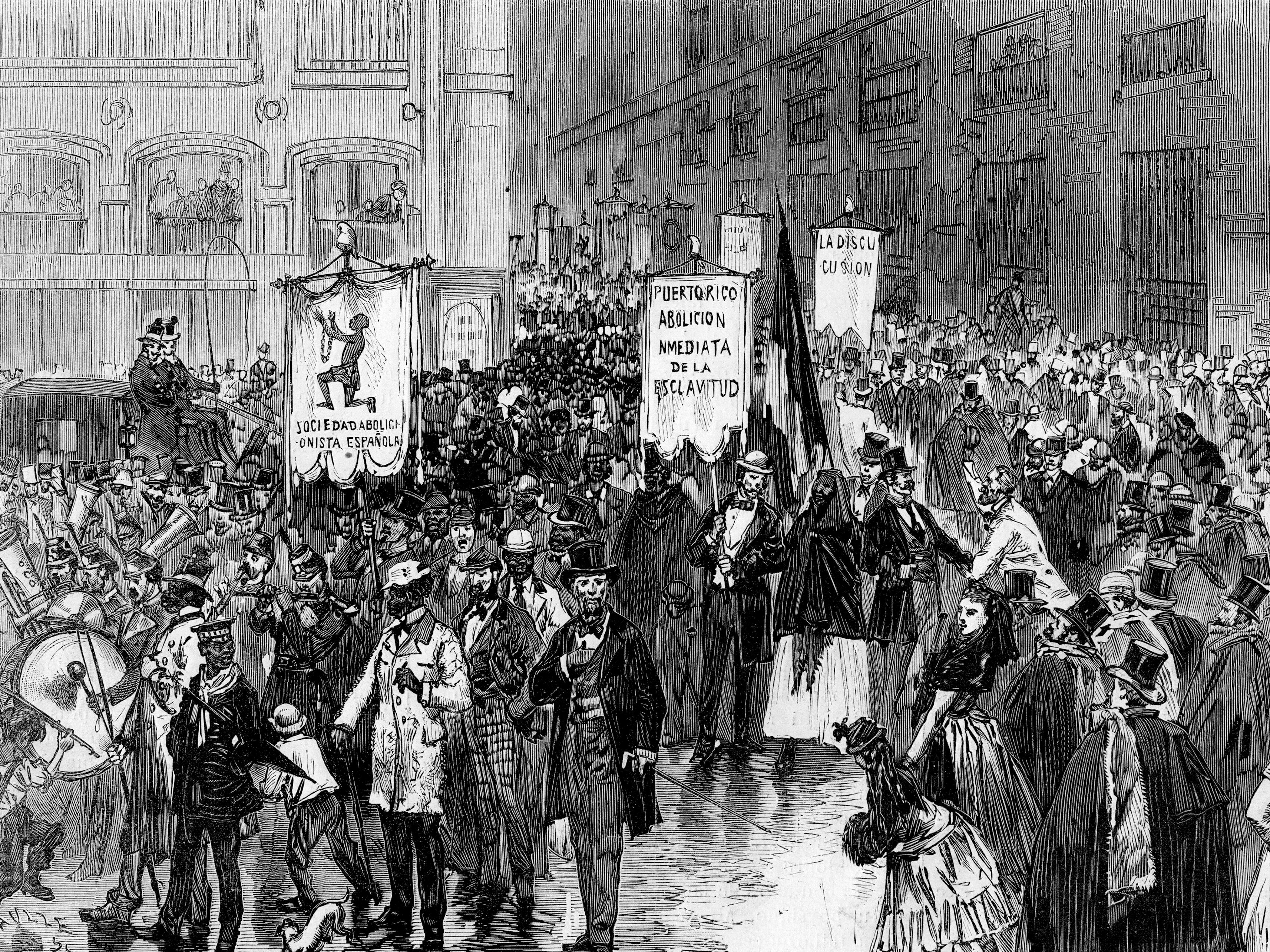 Ilustración de una manifestación celebrada en Madrid en 1873 a favor de la abolición de la esclavitud en las colonias españolas.