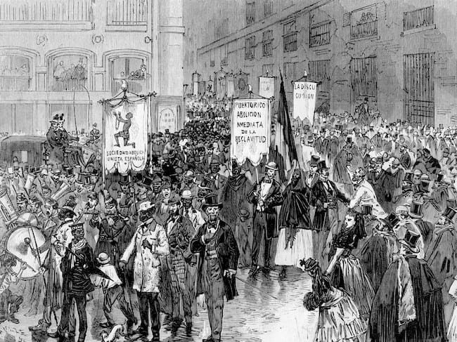 Ilustración de una manifestación celebrada en Madrid en 1873 a favor de la abolición de la esclavitud en las colonias españolas.