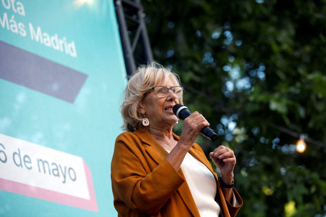 La candidata de Mas Madrid a la alcaldía de la capital, Manuela Carmena, durante el acto de cierre de campaña que la formación celebra este viernes en el madrileño barrio de Vallecas