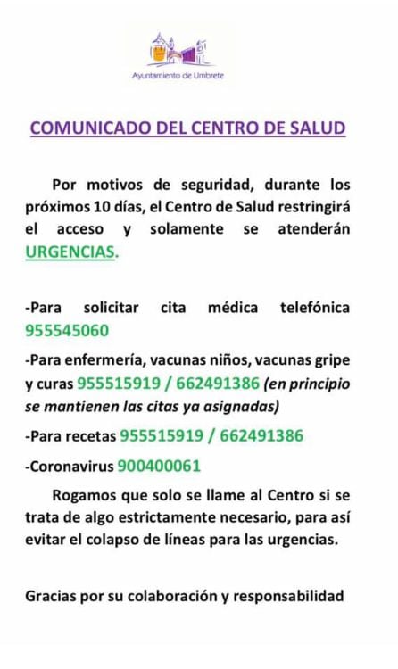 Comunicado del centro de Salud de Umbrete con entradas restringidas