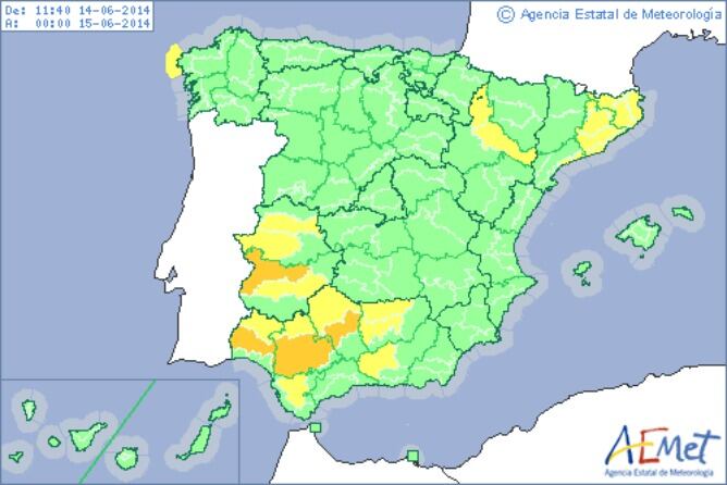 Mapa de alertas por altas temperaturas en España.