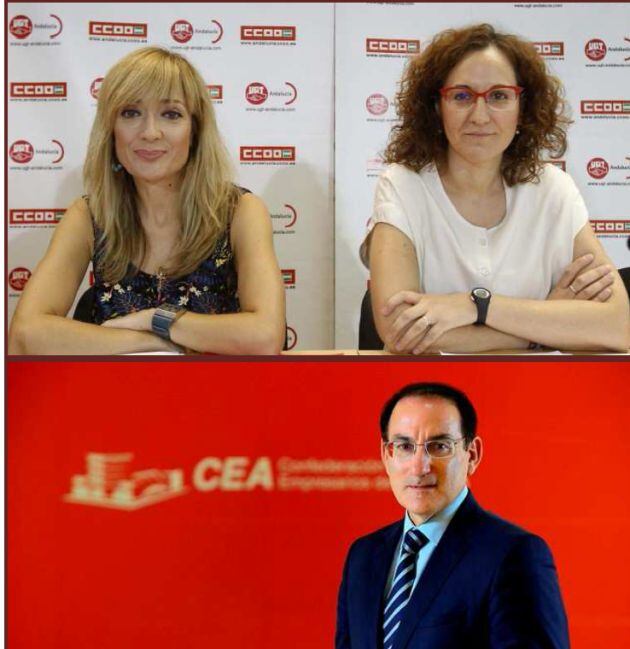 Las secretarias generales de UGT y CCOO en Andalucía y el presidente de la CEA