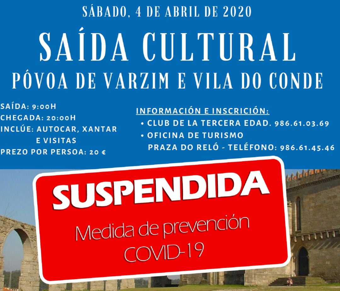 Cartel de suspensión de la salida cultural de A Guarda a Póvoa de Varzim y Vila do Conde.