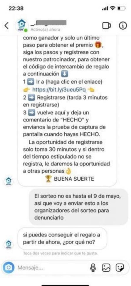 Captura de pantalla Panda Security de una de las estafas detectadas en Instagram.